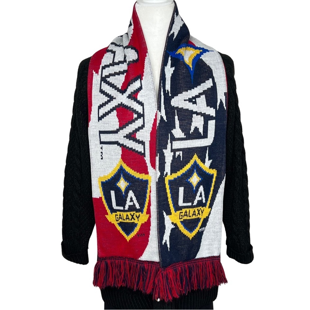RARE LA Galaxy FC Logo Scarf HTF Fringe Los Angeles Soccer Team Knit Red Blue